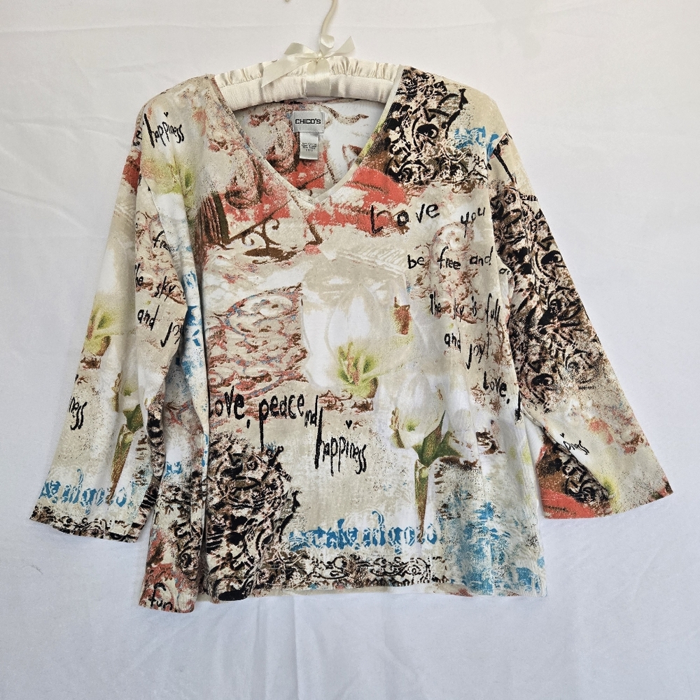 Chicos 3/4 Sleeve  Love Peace And Happiness V-Neck Graphic Cotton Top Size 3